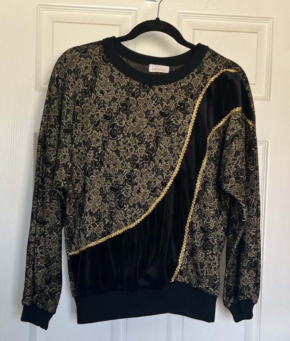 VTG 80s D.K. Gold Metallic Pullover Sweatshirt Black Velvet Gold Trim M